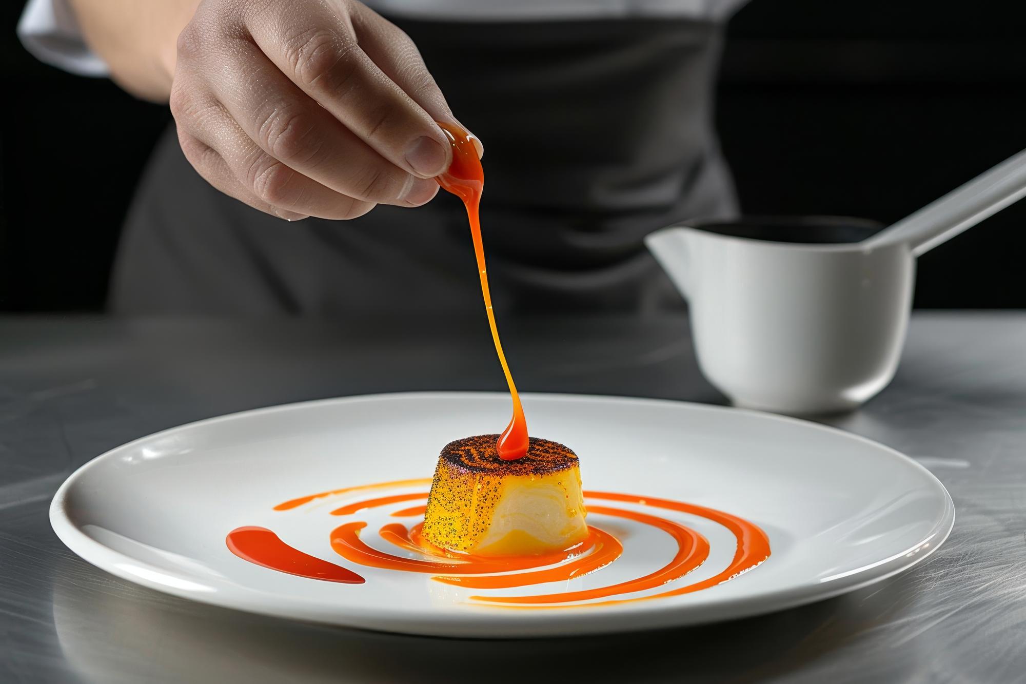 Chef arranging a modern plated dish with colorful sauces
